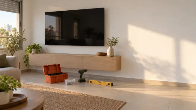המחשה: סלון ישראלי עם טלוויזיה תלויה ישר על הקיר, ועל הרצפה ארגז כלים, מקדחה ופלס